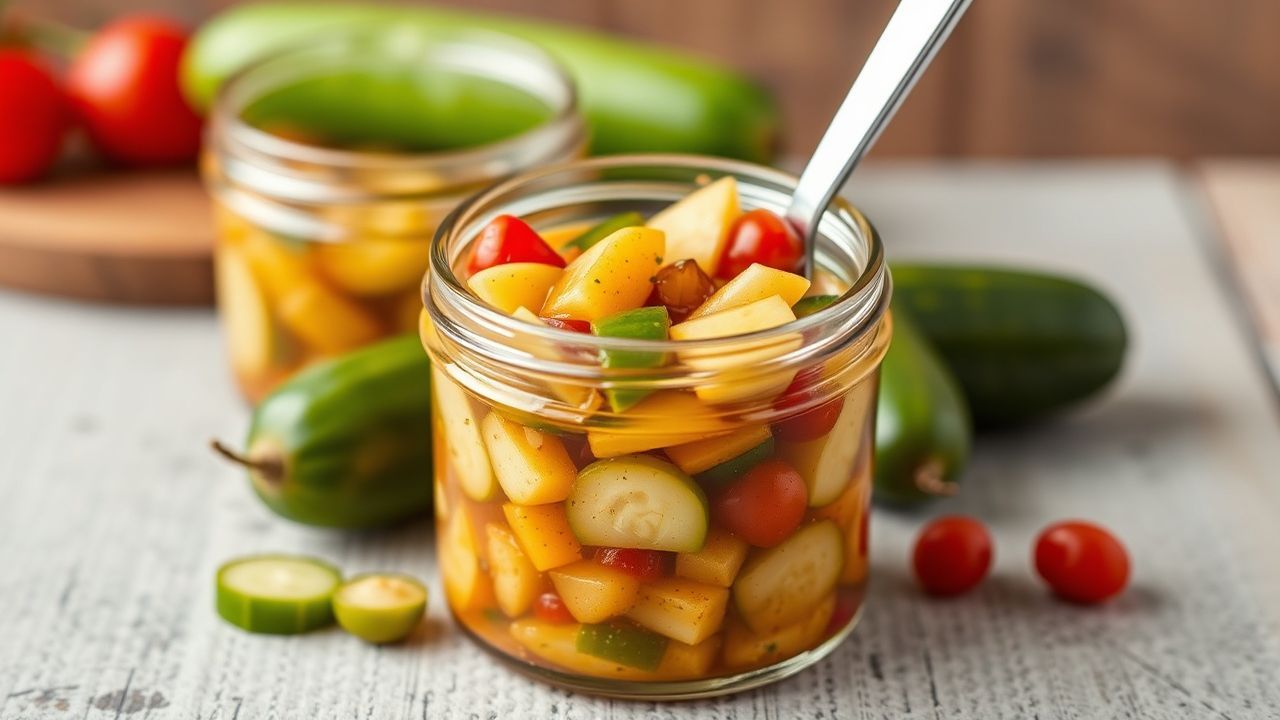 مخلل حلو منزلي في جرة مع مكونات وتعليمات خطوة بخطوة