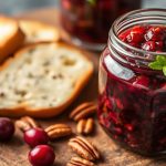 صلصة التوت البري والجوز الحامضة المنزلية في وعاء زجاجي مع ملعقة خشبية