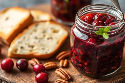 صلصة التوت البري والجوز الحامضة المنزلية في وعاء زجاجي مع ملعقة خشبية