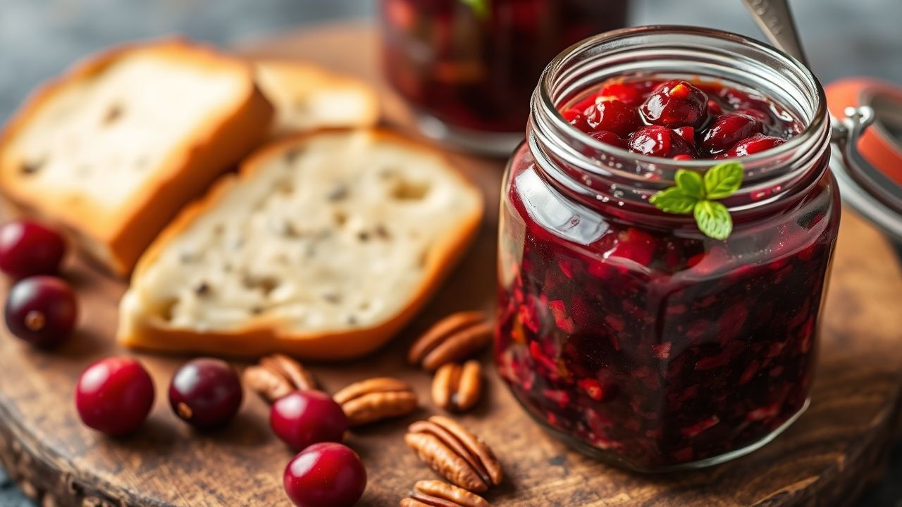 صلصة التوت البري والجوز الحامضة المنزلية في وعاء زجاجي مع ملعقة خشبية