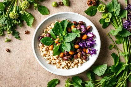 وعاء حبوب مزين بخضروات برية طازجة وألوان ونكهات مبدعة
