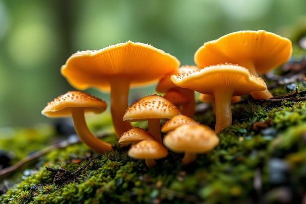 فطر الشانتيريل الذهبي يتألق على أرض غابية رطبة بعد المطر