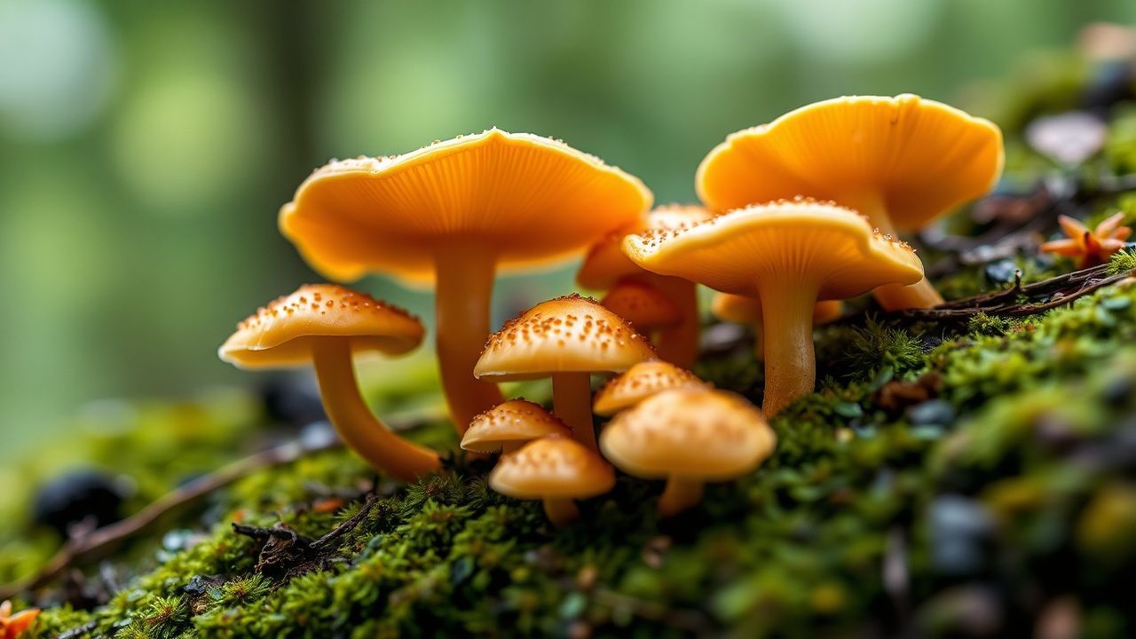فطر الشانتيريل الذهبي يتألق على أرض غابية رطبة بعد المطر