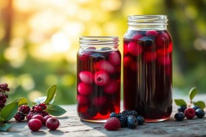 زجاجة كورديال توت بري منزلي بجانب كوب وثمار برية