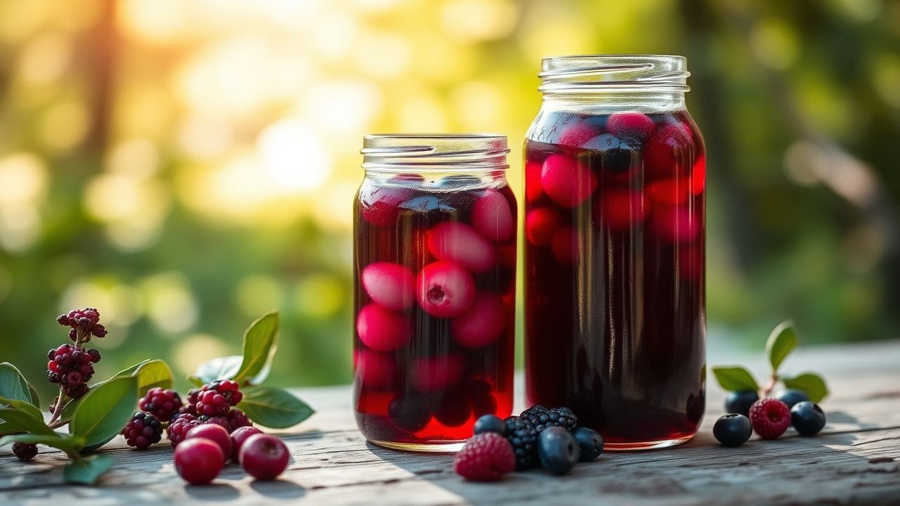 زجاجة كورديال توت بري منزلي بجانب كوب وثمار برية