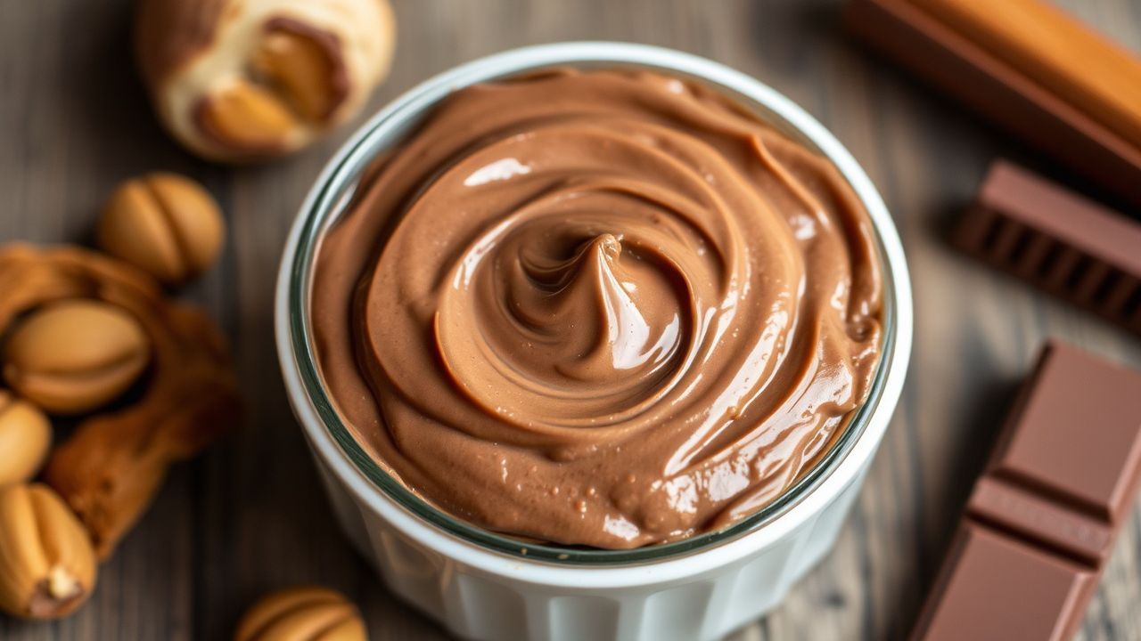 ملعقة ترفع كريمة بندق وشوكولاتة منزلية ناعمة داخل وعاء