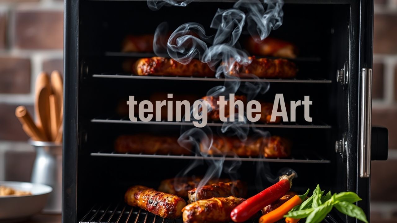 مدخنة كهربائية مع قطع لحم مدخن ودخان يتصاعد