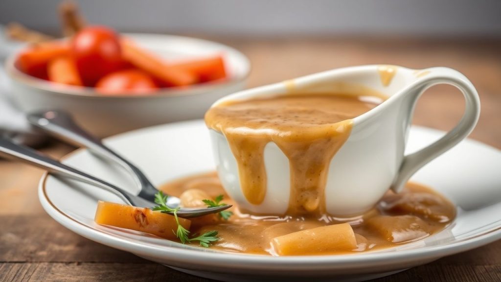 Rich homemade onion gravy in a pot