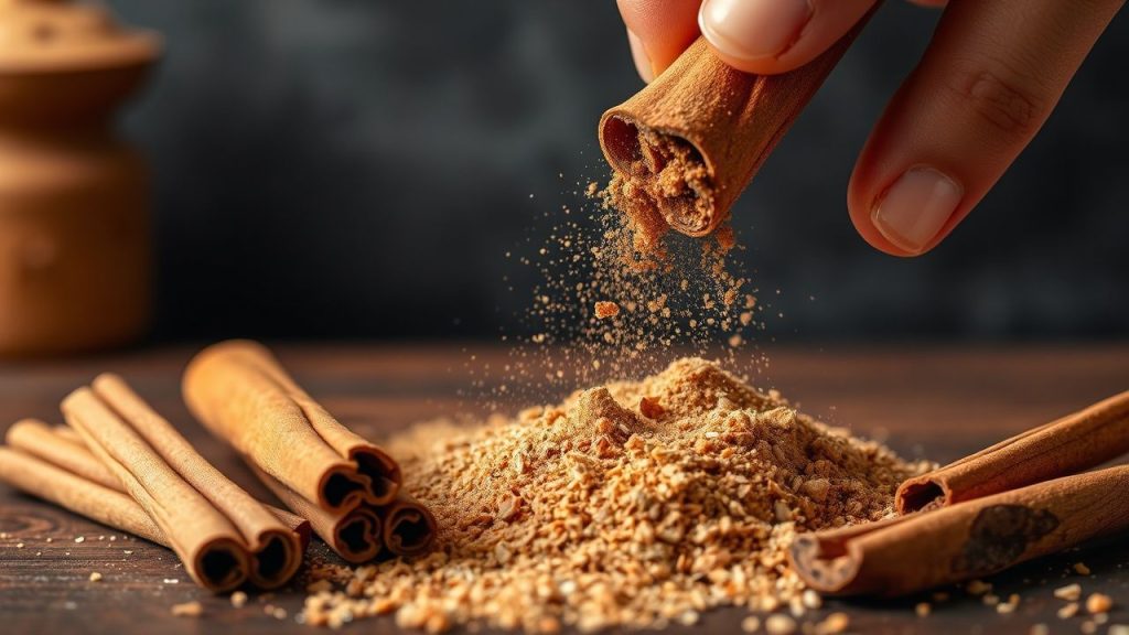 Hand-crushed cinnamon sticks releasing warm aromatic oils