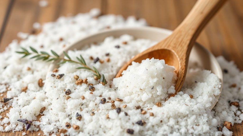 Freshly mixed herbal bath salts layered with dried lavender and rose blossoms