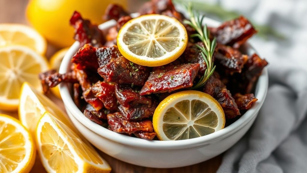 Slices of lemon-herb turkey jerky, home-dried and crisp