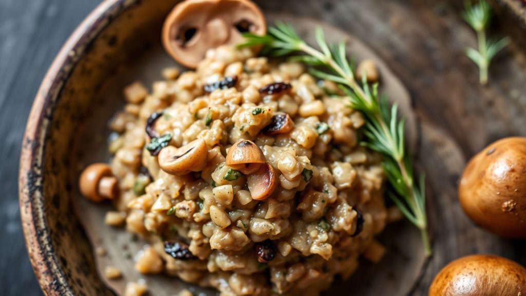 دوكسيل الفطر الذهبي اللامع في مقلاة مع أعشاب طازجة