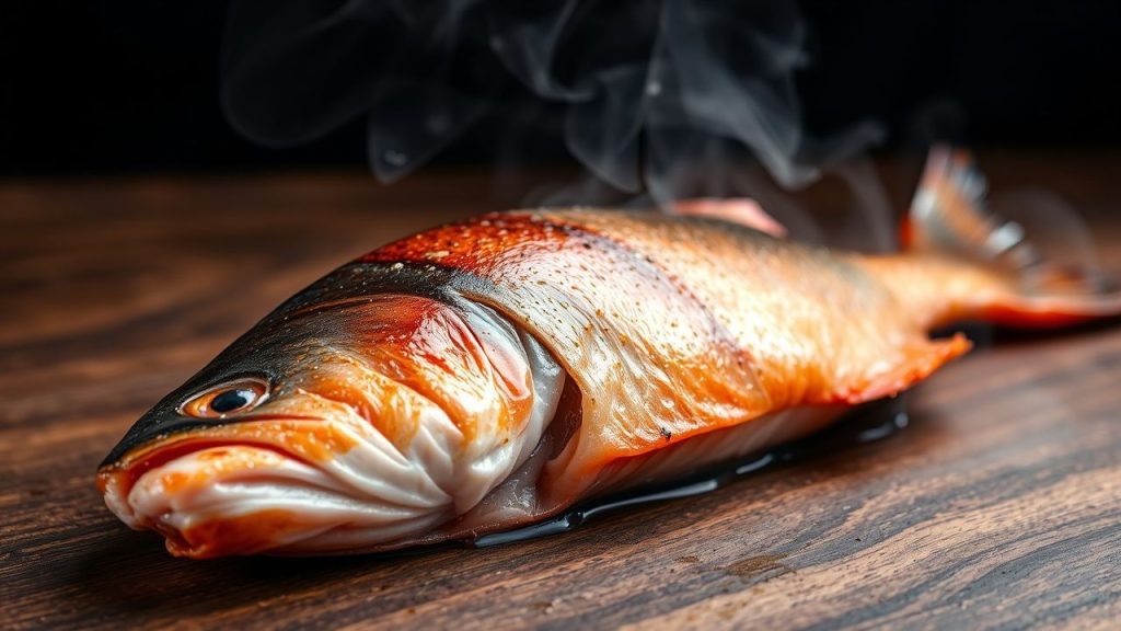 قطعة سمك مدخنة مع غشاء البيلكل اللامع وفتات طرية مشبعة بدخان غني