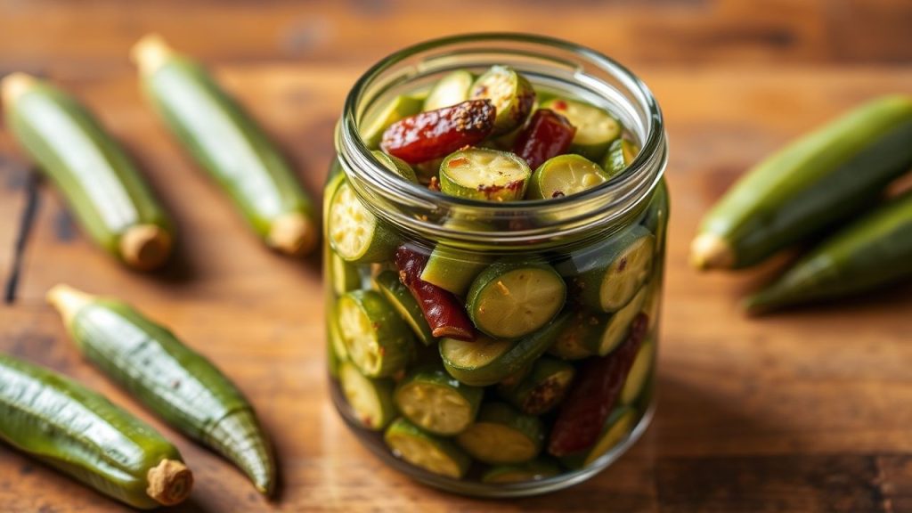 بامية مخللة مقرمشة على طبق زجاجي مع توابل ولمسة خل وبرش ليمون