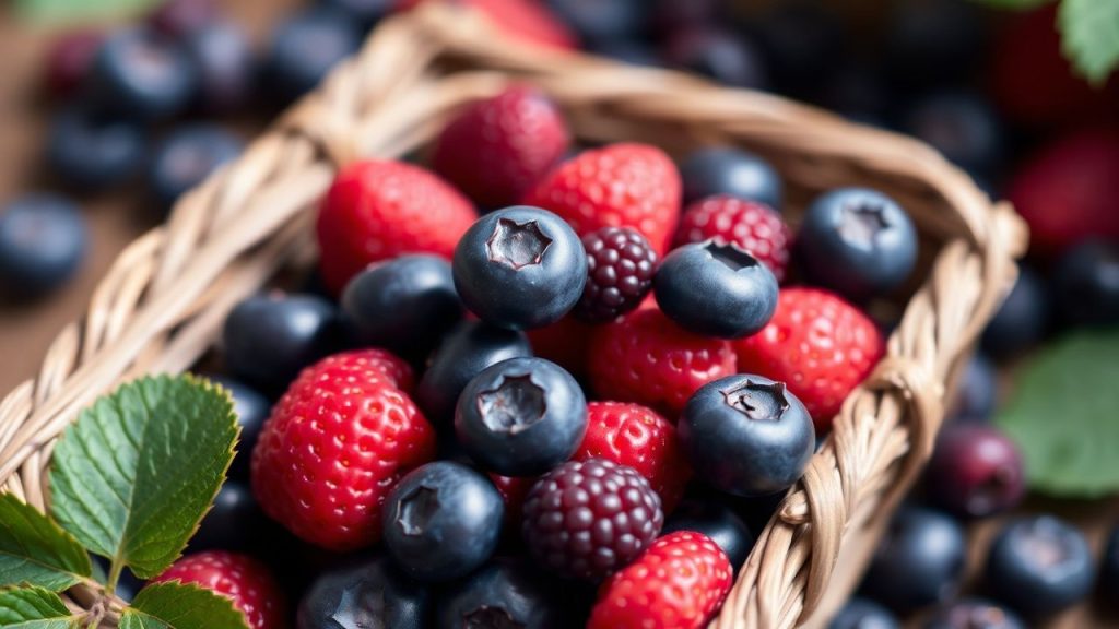 سلة توت ناضج وفير بجانب مكونات لأفكار استخدام إبداعية