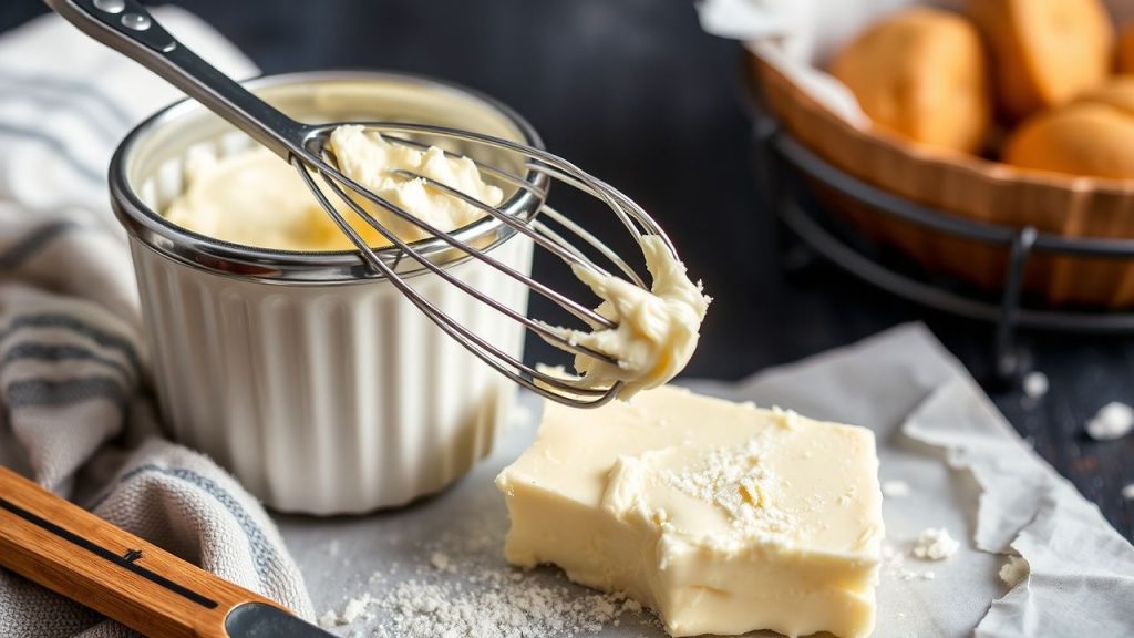 Whipped homemade butter in a glass bowl ready to improve baking results