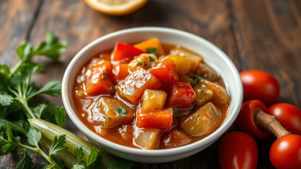 Bowl of vibrant relish with fresh herbs and spices.