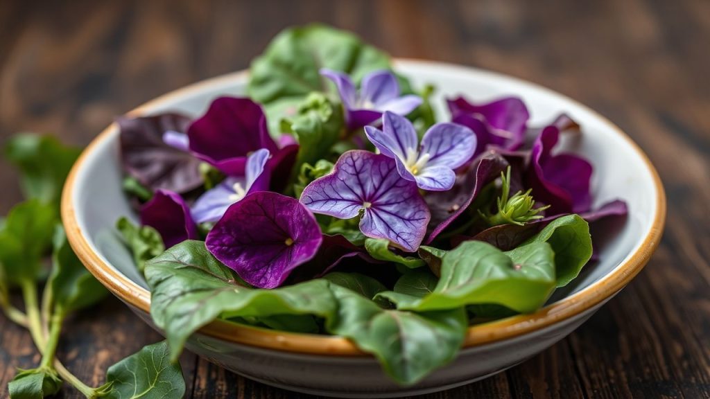 Wild violet leaf salad with herbs and olive oil droplets
