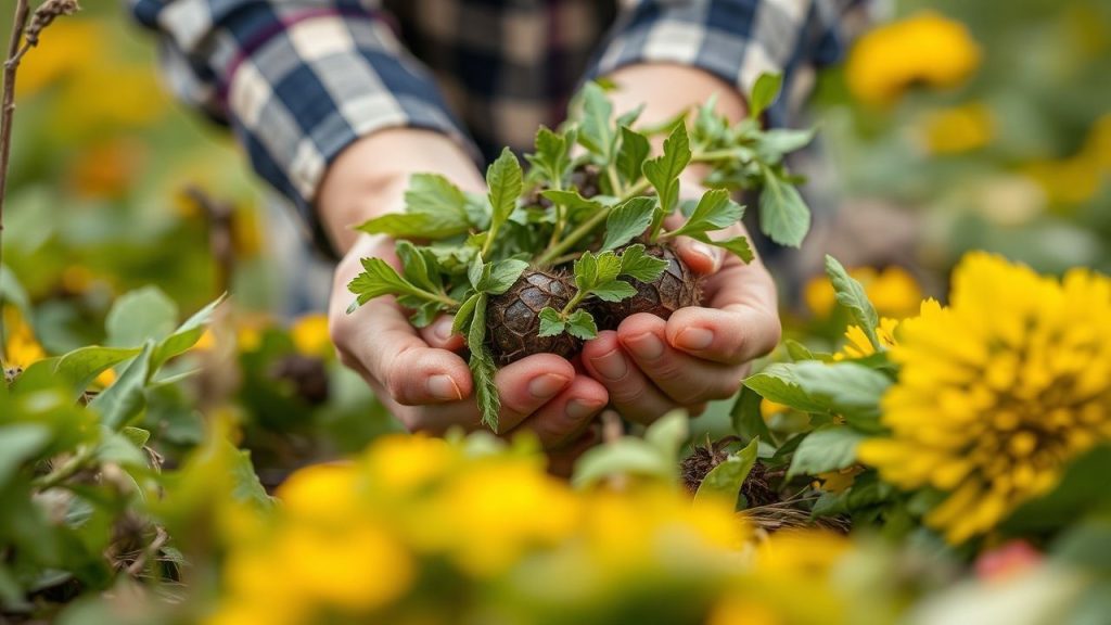 Person harvesting wild herbs carefully to protect plants and biodiversity