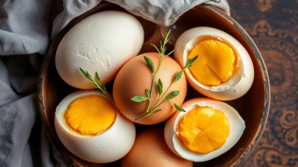 سلة بيض طازج مع وصفات مطبوخة ومكونات مبتكرة على طاولة خشبية
