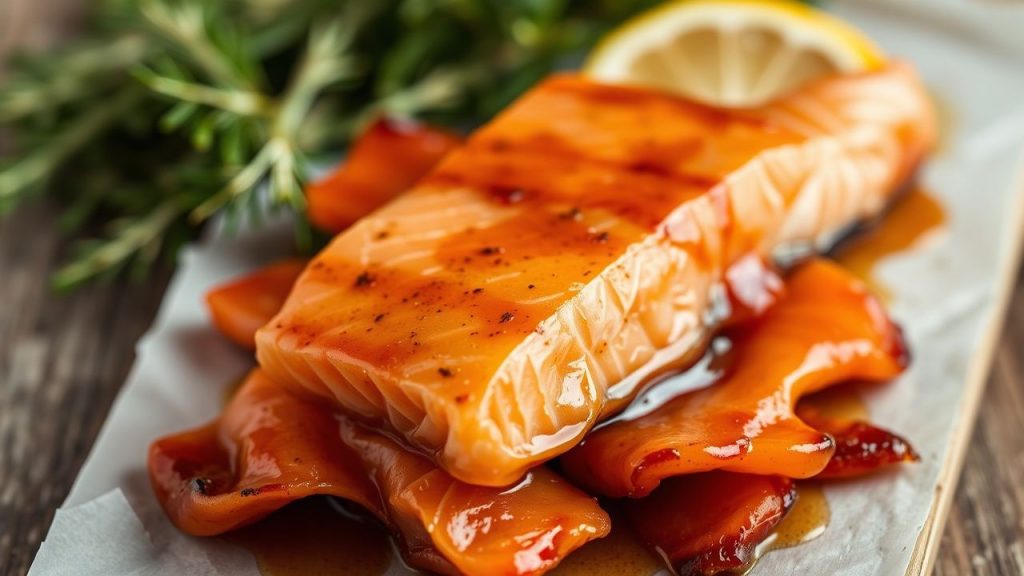 Maple-glazed salmon jerky on a platter.