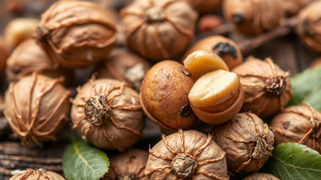 Foraging Nuts: basket of mixed wild nuts on a mossy log in dappled forest