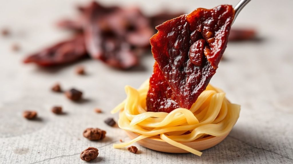 شرائح جيركي غنية بالبروتين على رف المجفف مع توابل وأدوات التحضير