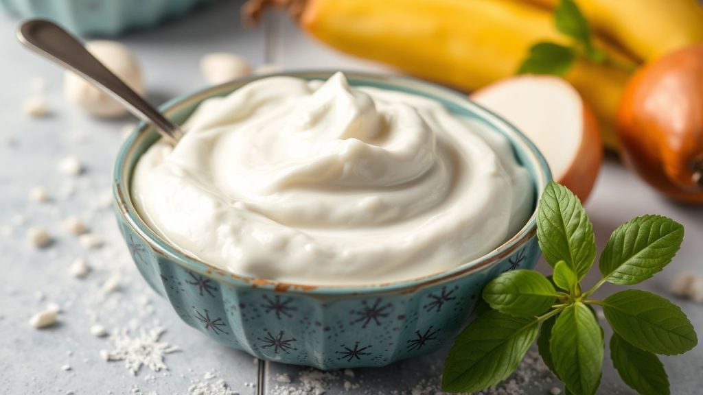 Bowls of creamy homemade yogurt with starter cultures and wooden spoons
