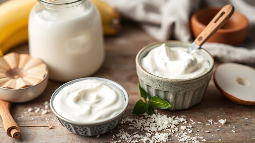 Jar of creamy homemade yogurt beside a labeled starter culture pack