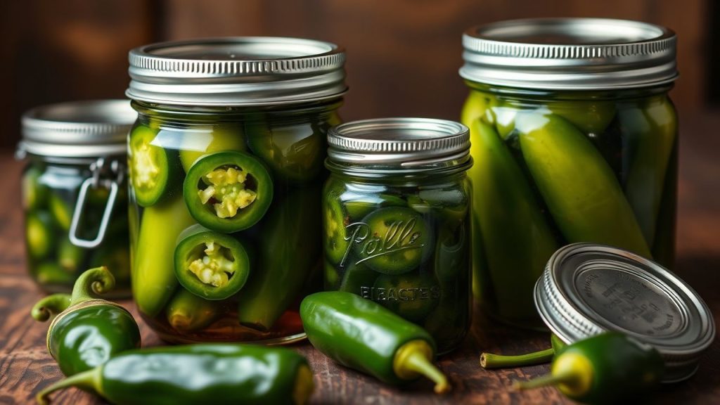 Jar of bright pickled jalapeños beside canning tools and spices
