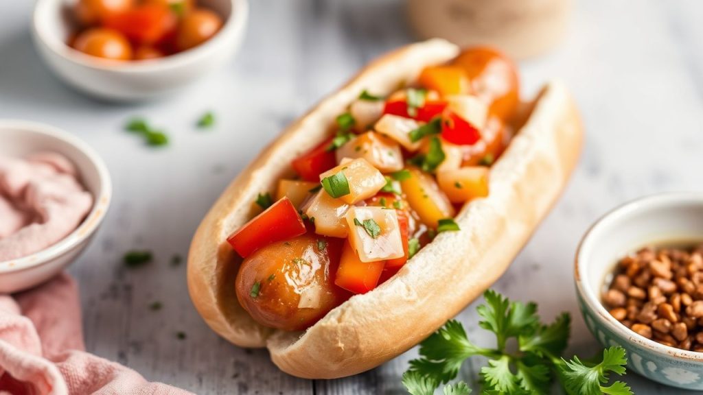 Bowl of colorful homemade relish beside grilled sausages and toasted rolls