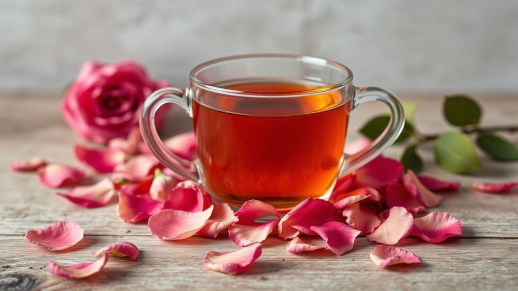 بتلات ورد مجففة في وعاء شاي هادئ، لمسة تأمل ودفء ربيعي