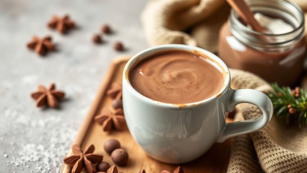 jar of homemade hot chocolate mix next to a warm blanket