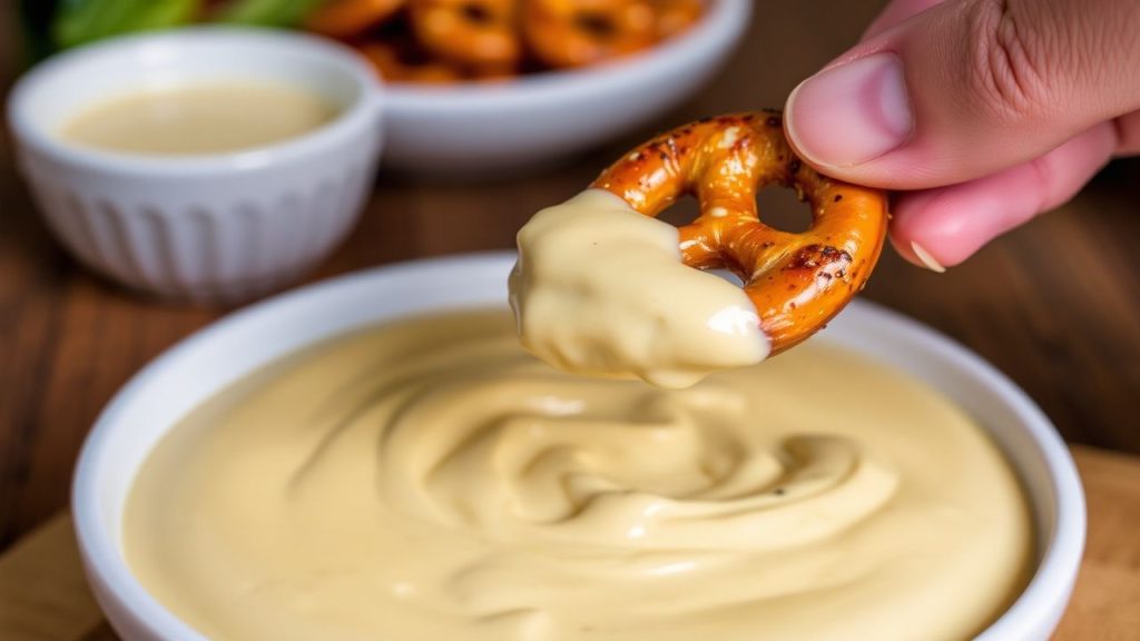 Handful of golden pretzel bites with creamy beer cheese dip