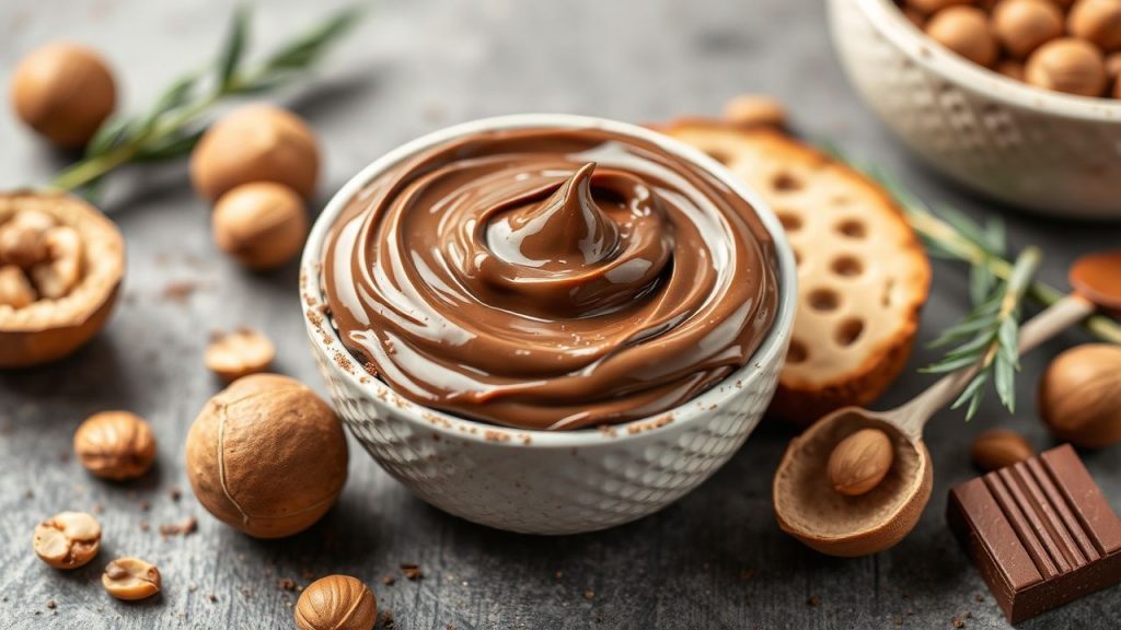 Creamy bowl of homemade hazelnut and chocolate spread