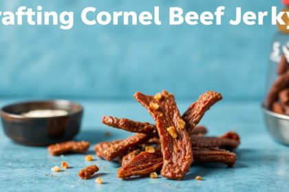 شرائح لحم بقري مجفف (جركي) مملّح ومتبّل على لوح خشبي مع أعشاب