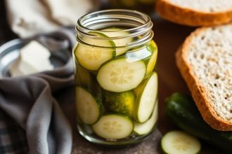 شرائح مخلل خبز وزبدة مقرمشة وحلوة على طبق زجاجي