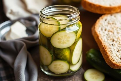 شرائح مخلل خبز وزبدة مقرمشة وحلوة على طبق زجاجي