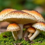 شخص يعرض فطرًا مشبوهًا بينما تظهر إرشادات إسعاف للحالات المسممة