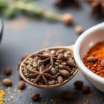 مزيج توسكاني منزلي عطري من الأعشاب والتوابل في وعاء خشبي مع هاون