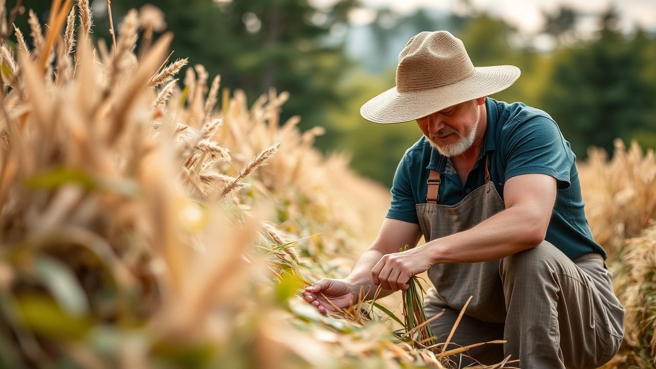 مزارع يجمع محاصيل مستدامة في حقل أخضر مشمس