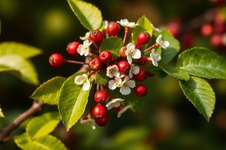 غصن زعرور بتوت أحمر فوق كتاب حول دعم طبيعي لصحة القلب