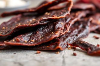 لحم مجفف منزلي على رف مع توابل، وجبة خفيفة عالية البروتين