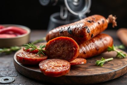 شريحة نقانق صيفية مدخنة ذهبية على لوح خشبي مع توابل