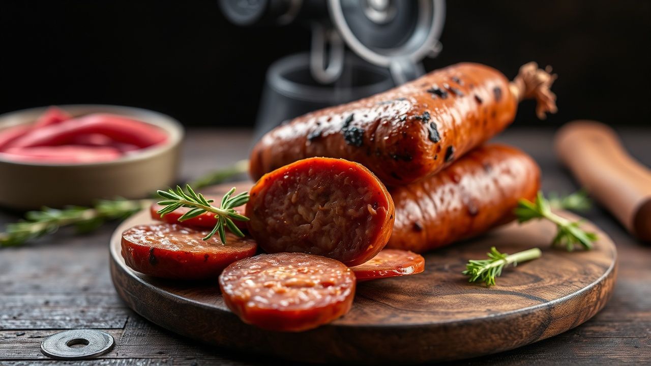 شريحة نقانق صيفية مدخنة ذهبية على لوح خشبي مع توابل