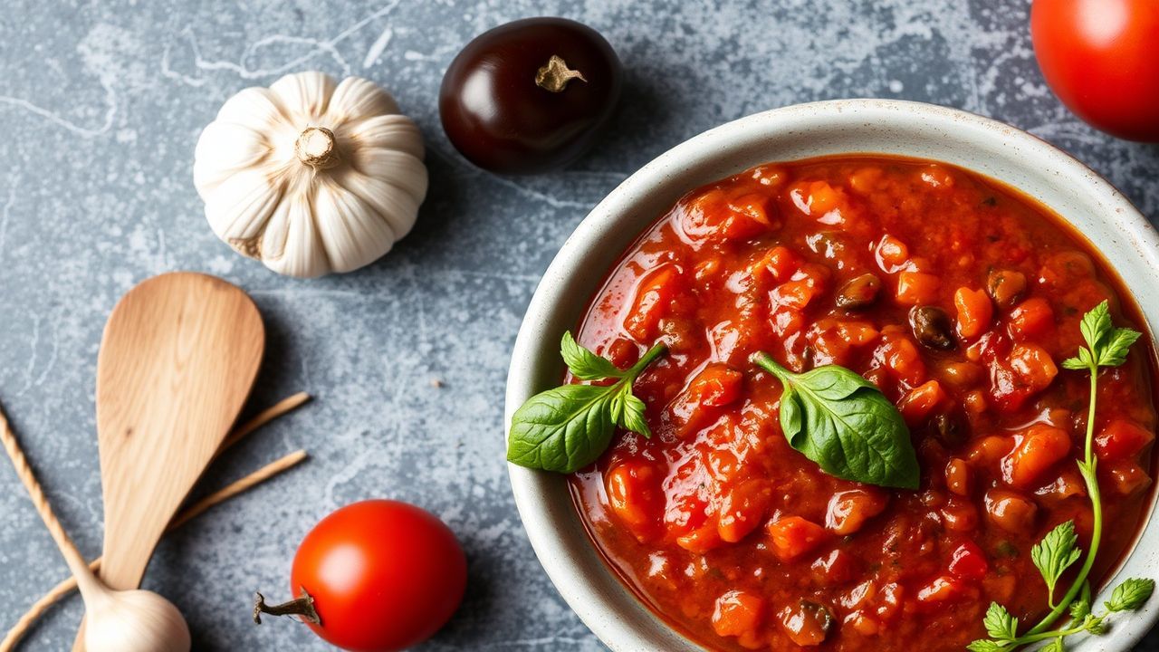 صحن صلصة بوتانيسكا منزلية غنية بالطماطم والزيتون والكابر، مُقدَّم مع ريحان