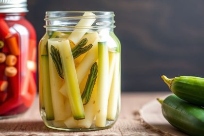 مرطبانات زجاجية تحتوي خضروات محفوظة توضح الفرق بين التخمير والتخليل.