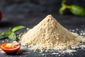 مسحوق قشور الطماطم الأحمر المجفف منزلياً لاستخدامه كتوابل طبيعية في الطهي.