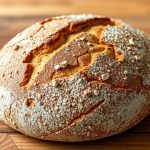 Crusty rustic rye bread loaf cooling on a wooden board