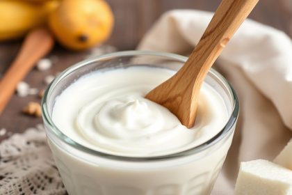 أطباق زبادي كريمي منزلي مع ملاعق وحبوب بادئات التخمير